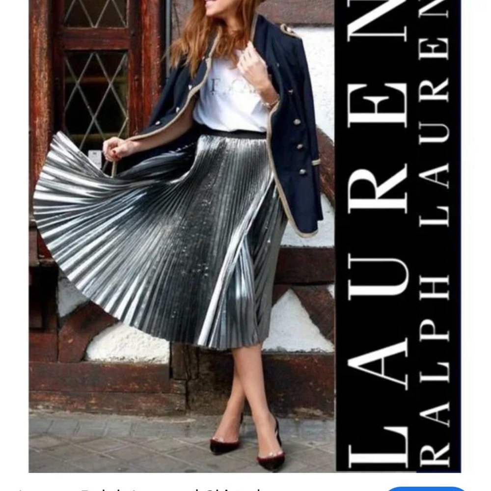 Ralph Lauren Metallic Silver Pleated Midi Skirt